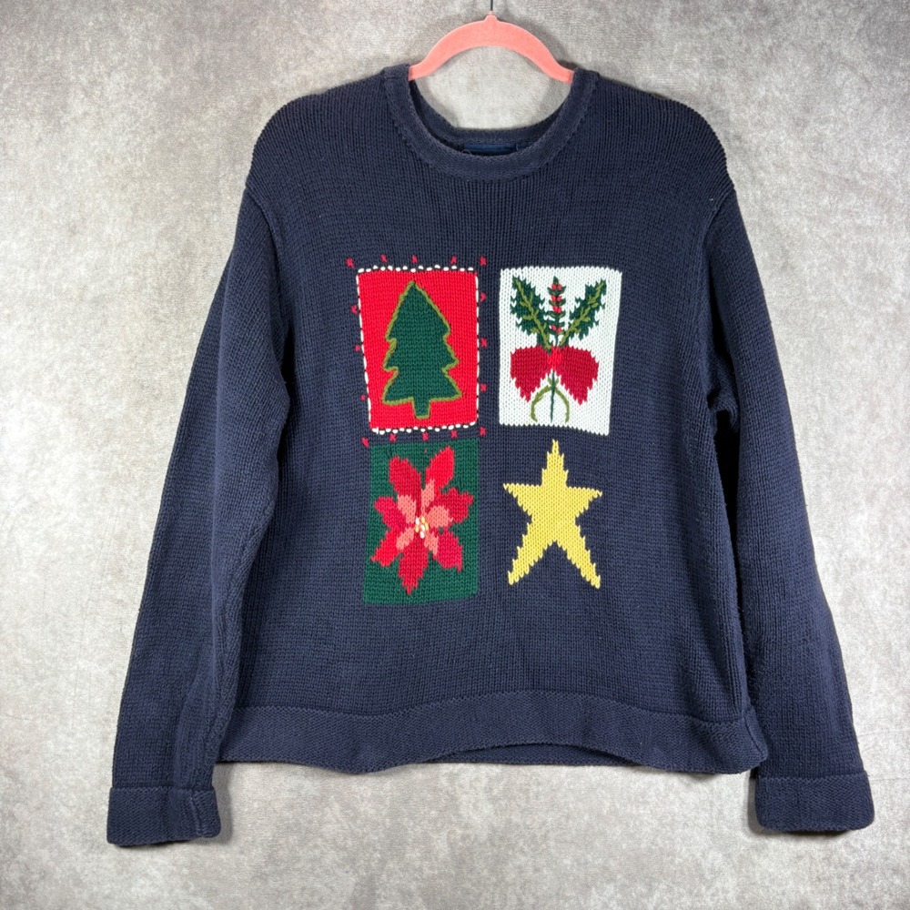 Vintage‎ Liz Claiborne Sweater L Blue Liz Sport Christmas Tree Star Grandmacore